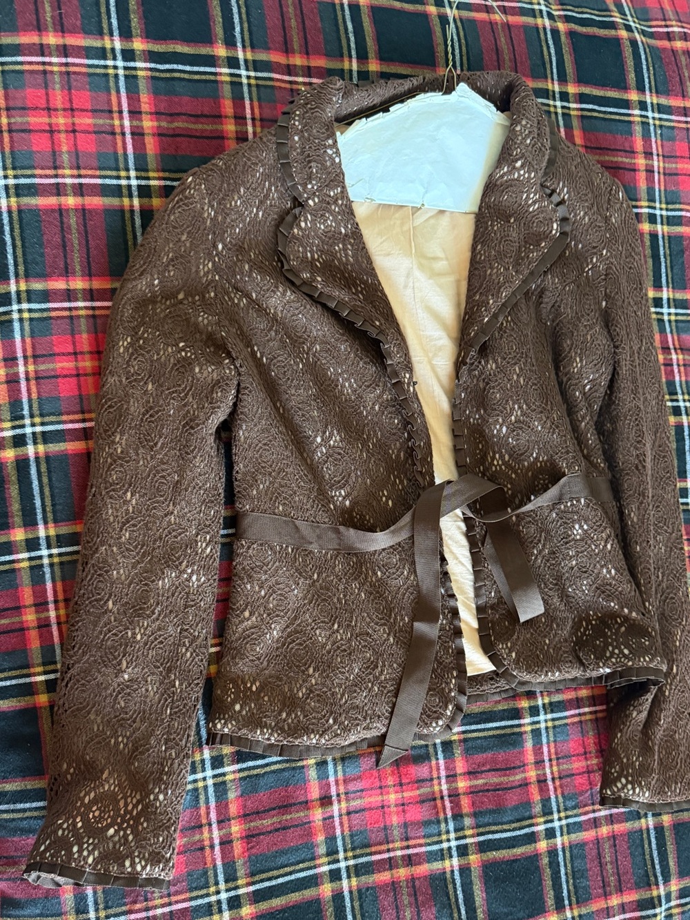 elevenses Brown Lace Overlay !Blazer withRibbon Tie-Waist